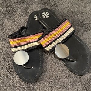 Tory Burch Black Sandals with Multicolor Striped Strap